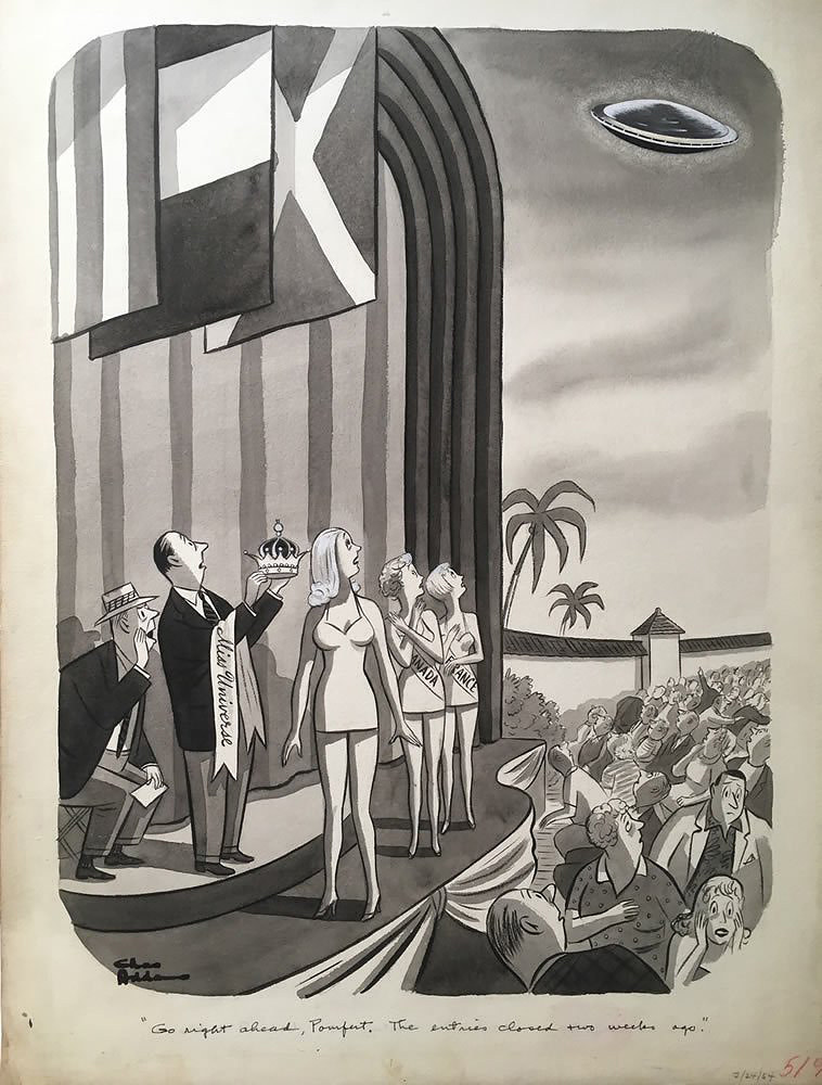 Charles Addams - Flying saucer approaches Miss Universe pageant